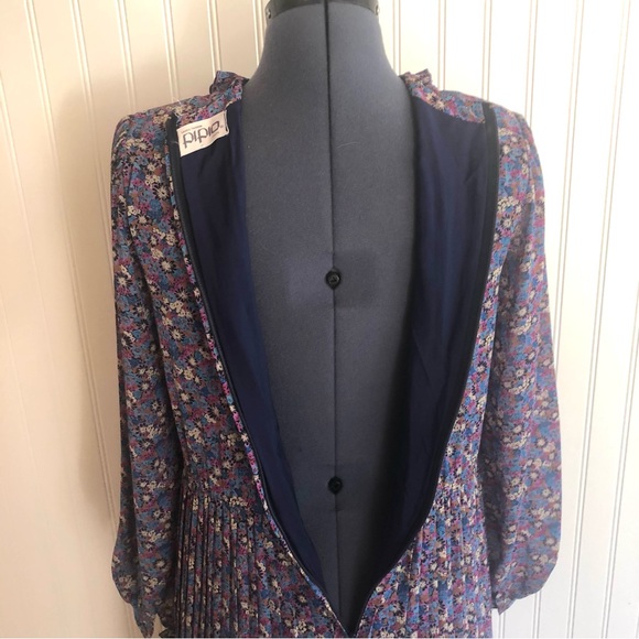 Vintage Ruffles Pleats Floral Dress Long Sleeve Colorful Fuchsia Lavender Silky - Picture 10 of 16